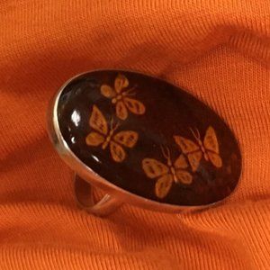 Sterling silver amber color with butterfly artwork ring Size 6
